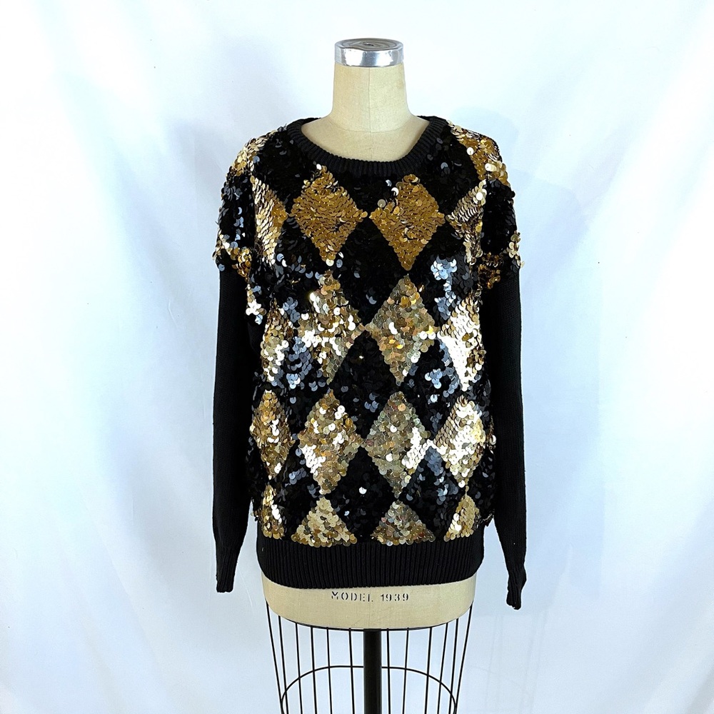 Vintage 80s Sequin Sweater Black & Gold Argyle Diamond Print Medium